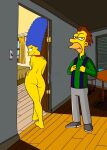  ass blue_hair cheating_wife lenny_leonard marge_simpson nude pearls sideboob the_simpsons thighs yellow_skin 