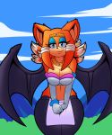  1girl anthro bat big_breasts big_thighs blue_eyes dreamcastzx1 ear_piercing echidna furry fusion hybrid jewelry mammal monotreme piercing potara rouge_the_bat sega sonic_the_hedgehog thick_thighs tikal_the_echidna voluptuous wide_hips wings 