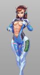  1girl 1girl abs areola areolae_slip blue_bodysuit bodysuit breast_press breasts brown_eyes brown_hair cutesexyrobutts d.va gradient_background long_hair looking_at_viewer navel open_bodysuit open_clothes overwatch thigh_gap unzipped wide_hips zipper 