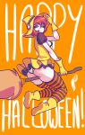  1girl 2017 boots breasts broom broomstick dress dress_lift flying frilly_panties gloves halloween hat panties pantyshot red_hair sexy shiny short_hair stockings striped witch witch_hat yellow_panties 