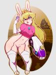 1girl 2017 absurd_res alternate_species anthro anthrofied armwear avante92 blonde_hair blue_eyes bottomless clothed clothing elbow_gloves furrification gloves hair high_res holding_object holding_phone holding_weapon knock-kneed lagomorph legwear long_hair mammal mario_+_rabbids:_kingdom_battle mario_bros navel nintendo one_eye_closed phone princess_peach rabbid rabbid_peach rabbids rabbit selfpic solo_focus video_games weapon