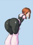  1girl ass bent_over blue_background blush_stickers bodysuit boku_no_hero_academia brown_hair cutesexyrobutts embarrassed high_res hips huge_ass large_ass looking_at_viewer looking_back my_hero_academia ochako_uraraka simple_background standing thick_thighs thighs uraraka_ochako wide_hips 