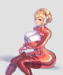  1girl aigis ann_takamaki blonde_hair blue_eyes bodysuit breast_support cleavage cleavage_cutout cutesexyrobutts huge_breasts large_ass long_hair persona persona_3 persona_5 red_bodysuit red_clothes robot robot_girl shiny shiny_clothes short_hair sitting solo stockings 