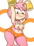  1girl alcohol amy_rose anthro areola bare_breasts beer beverage booty_shorts breasts clothed clothing clothing_lift erect_nipples furry green_eyes hair hedgehog holding_glass holding_object hooters kaitou mammal nipples pink_hair raised_arm raised_shirt sega shirt shirt_lift standing tank_top wide_hips 