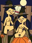  2_girls breasts djgames emma halloween hat kitty_(the_ridonculous_race) multiple_girls nude pubic_hair pumpkin pussy smile the_ridonculous_race total_drama_island witch_hat 
