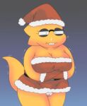 1girl 2d 2d_(artwork) adorable alphys alphys_(undertale) alternate_costume anthro anthro_only aruput aruput_ut belly breasts buckteeth christmas chubby chubby_anthro chubby_belly chubby_female cleavage cold cowboy_shot cute digital_media_(artwork) dress female_anthro female_only glasses gradient_background grey_background half-closed_eyes lizard lizard_girl lizard_tail monster monster_girl non-mammal_breasts panties reptile reptile_girl reptile_tail runny_nose santa_costume santa_dress santa_hat scalie simple_background solo_anthro solo_female tail teeth third-party_source trembling undertale undertale_(series) upskirt video_game_character video_games yellow_body yellow_skin