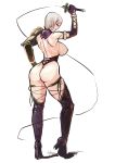  ass big_breasts boots breasts earrings eyeshadow hand_on_hip high_heels huge_breasts isabella_valentine jewelry leotard lipstick makeup mikazuki_shigure nipples shoes short_hair sideboob soulcalibur standing stockings thigh_high_boots thong weapon whip white_hair 