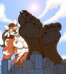  1male 2016 5_toes abs anthro big_feet black_claws black_nose canine city claws cloud feathers feet foot_fetish foot_focus fox fur green_eyes hair high_res long_hair macro male mammal multicolored_fur muscular open_mouth outside pawpads paws ponytail red_fur sky soles toepads toes zp92 