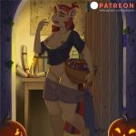  1girl 1girl 2017 anthro anthrofied areola bare_shoulder bowl breasts building candle candy closed_eyes clothed clothing door equine food friendship_is_magic fruit furry hair halloween holidays horn house jack-o&#039;-lantern kevinsano mammal moondancer_(mlp) multicolored_hair multicolored_tail my_little_pony nipples open_mouth patreon pumpkin pussy short_hair tired unicorn yawn 