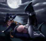  1boy 1girl anal anal_sex braided_hair brown_hair doggy_position full_moon hat moon partially_clothed revtilian samekichi sea seaside wadanohara wadanohara_and_the_great_blue_sea witch witch_hat 