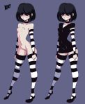  1girl 2017 bigdead93 black_dress black_hair choker comparison covered_eyes decent_and_indecent detached_sleeves erect_nipples fully_clothed lucy_loud navel nickelodeon pale_skin purple_background pussy school_shoes shoes short_hair small_breasts smile standing stockings striped_legwear the_loud_house 
