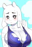  1girl 1girl anthro berseepon09 big_breasts bikini blush boss_monster breasts cleavage clothed clothing fur furry goat horn huge_breasts long_ears swimsuit toriel undertale video_games wet white_fur 