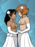 2_girls 2girls bare_shoulders big_breasts black_hair blue_background breasts brown_hair catalina_bobcat cleavage closed_mouth dan_shive el_goonish_shive elbow_gloves eye_contact female female_only gloves hair_ornament hand_holding interlocked_fingers long_hair long_skirt looking_at_another love medium_breasts multiple_girls mutual_yuri navel neck necklace nipples rhoda rhoda_(el_goonish_shive) short_hair skirt smile standing topless white_gloves white_skirt wife_and_wife yuri