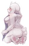  1girl anthro anthro_only arched_back ass blush boss_monster breasts caprine clothing female female_only from_behind_(disambiguation) fur furry goat kneel kneeling mammal mature mature_female milf monster monster_girl partially_naked partially_nude side_boob solo solo_female sweat toriel undertale undertale_(series) video_games white_background white_fur yugaiga 