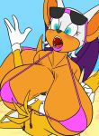  1girl 2017 anthro bat big_breasts bikini breast_smother breasts canine clothed clothing creatiffy duo eyelashes eyewear female_on_top fox furry gloves huge_breasts lipstick makeup male mammal miles_&quot;tails&quot;_prower on_top rouge_the_bat sega smothering sunglasses swimsuit 