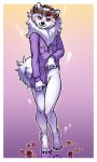  &lt;3 1girl anthro bebecake black_nose blush border bottomless canine clothed clothing dog flower flower_crown fur furry girly gradient_background hindpaw looking_at_viewer male mammal paws penis plant samoyed shirt shirt_pull simple_background white_border white_fur 