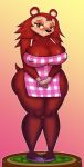  1girl 2017 allannocte animal_crossing anthro apron blush breasts brown_fur clothing eyelashes fur furry gradient hedgehog mammal nintendo porcupine rodent sable_able shy simple_background slightly_chubby smiles video_games 