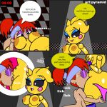  2_girls animatronic breast_press breasts closed_eyes comic crossover dexter&#039;s_laboratory dexter&#039;s_mom dialogue fat_ass five_nights_at_freddy&#039;s five_nights_at_freddy&#039;s_2 hand_on_ass head_between_breasts huge_breasts legs_up licking_pussy looking_down nude_female pyramid_(artist) touching_body toy_chica toy_chica_(eroticphobia) younger_female 