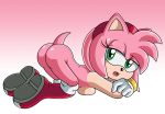  1girl all_fours amy_rose asking_for_it ass ass_up bedroom_eyes boots bracelet eyelashes gloves gradient_background green_eyes hairband half-closed_eyes hedgehog high_res looking_back open_mouth raised_tail sega sideboob sonictopfan 