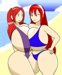 2_girls bare_shoulders beach belly bikini breast_press breasts brown_eyes cherche cherche_(fire_emblem) cleavage day fire_emblem fire_emblem:_awakening gigantic_breasts hairband huge_breasts human igphhangout long_hair midriff multiple_girls navel nintendo ocean outside red_eyes red_hair robin_(fire_emblem) sand sky sling_bikini smile standing super_smash_bros. symmetrical_docking thick_thighs tied_hair twin_tails water wide_hips