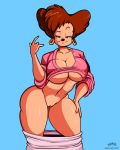  1_female 1_girl 1female 1girl arms ass big_breasts big_chest blue_background breasts brown_hair butt chest cleavage diraulus dreamcastzx1 eyebrows eyelashes female fingers forehead goof_troop grin hands hips huge_breasts large_breasts looking_at_viewer naughty_face navel neck pants_down partially_clothed partially_nude peg_pete pussy shoulders sleeves_rolled_up stomach stripping thick_thighs thighs undressing vagina 