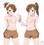  2_girls 2girls asymmetrical_hair breasts brown_eyes brown_hair cleavage female_only futami_ami futami_mami grin idolmaster idolmaster_(classic) jabara_tornado light-skinned looking_at_viewer multiple_girls naked_suspenders nipples nude_filter ponytail short_hair shorts siblings side_ponytail simple_background sisters skirt small_breasts smile third-party_edit tied_hair topless twins v white_background 