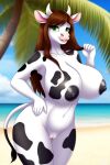 1girl ai_generated ai_hands anna_maliniak(xxbilsm) anthro beach big_ass big_breasts black_nipples bovid bovine brown_hair cow_ears cow_girl cow_horns cow_print cow_tail cute_face frosting.ai green_eyes long_hair mammal nude nude_female oc original_character original_version_at_source pussy watermark_removed wide_hips