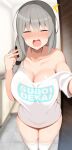  1girl big_breasts blush bottomless closed_eyes collarbone embarrassed female_focus female_only gasp grey_hair hair_over_shoulder huge_breasts jakko long_hair looking_at_viewer milf open_mouth silver_hair solo_female solo_focus stamp stockings sugoi_dekai t-shirt uzaki-chan_wa_asobitai! uzaki_tsuki wide_hips 