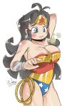  1girl 1girl big_breasts black_hair blue_eyes blush breasts chefwataw female_only lasso lasso_of_truth light-skinned_female light_skin long_hair simple_background tiara vambraces white_background wonder_woman 
