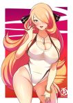  1_girl 1girl alternate_breast_size alternate_eye_color ass belly big_ass big_breasts blonde blonde_hair blush bracelet breasts brown_eyes cameltoe cleavage clothed cynthia cynthia_(pokemon) female female_human female_only hair_ornament hair_over_one_eye half-closed_eyes highleg_swimsuit huge_breasts human long_blonde_hair long_hair looking_at_viewer mostly_nude navel necklace nintendo one-piece_swimsuit orange_background pokemon pokemon_dppt revolverwingstudios shirona_(pokemon) sideboob skin_tight smile solo swimsuit text thick_thighs thigh_gap very_long_hair watermark white_border white_swimsuit wide_hips 