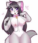 &lt;3 1girl 2017 aggie anthro arctic_fox blush bow breasts canine collar digital_media_(artwork) fox fur furry hair kirarifox leash looking_at_viewer mammal nipples nude open_mouth original pussy simple_background white_background white_fur