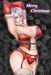  1041_(toshikazu) 1girl armpits arms_up bandai_namco big_breasts blue_eyes breasts choker christmas cleavage corset elbow_gloves fishnet_thighhighs fishnets fur_trim garter_belt gloves isabella_valentine ivy_valentine looking_at_viewer namco namco_bandai panties project_soul purple_hair red_panties soul_calibur soul_calibur_ii soul_calibur_iii soul_calibur_iv soul_calibur_v soul_calibur_vi standing stockings underwear weapon whip white_thighhighs 