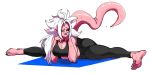  1girl android_21 ass barefoot cleavage dragon_ball dragon_ball_fighterz dragon_ball_z embo fangs flexing huge_ass huge_breasts long_hair majin_android_21 messy_hair naughty_face pink_skin red_eyes seductive seductive_smile smile spread_legs spreading stretching sweat tail thick_thighs white_hair yoga yoga_mat yoga_pants 