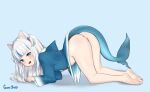  1girl all_fours anus ass blue_eyes blush bottomless contentious_content dress feet gawr_gura gawr_gura_ch. goki_buri high_resolution hololive hololive_english legs multicolored_hair paipan pussy simple_background soles thighs uncensored very_high_resolution virtual_youtuber 