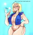  1girl 1girl abs alternate_breast_size android_18 armpits blonde_hair breasts cleavage dragon_ball dragon_ball_z embo eye_contact fanning_self half-closed_eyes heavy_breathing huge_ass huge_breasts looking_at_viewer naughty_face open_shirt panties revealing_clothes seductive sketch sweat text thick_thighs vest wet wide_hips 