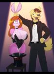 1girl 2017 anthro bow_tie breasts canine clothed clothing dracojeff duo ear_grab furry gender_transformation grabbing_ears green_eyes hair huge_breasts lagomorph large_breasts lipstick magic makeup mammal mtf_transformation rabbit thick_thighs transformation voluptuous wide_hips wolf 