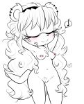  1girl areola arms_behind_head bangs blush closed_eyes curly_hair earrings eyelashes furry hairband headband hearlesssoul highres lineart long_hair mina_mongoose mongoose monochrome navel nipple_piercing nipples nude pubes pussy sega singing small_breasts smile sonic_(series) tail white_background 