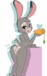  &lt;3 1girl 1girl 2016 alternate_version_available anthro anus ass blush carrot_dildo chronicsoda disney fur furry grey_fur judy_hopps lagomorph looking_at_viewer looking_back mammal nude open_mouth pink_nose purple_eyes pussy rabbit rear_view sex_toy simple_background tongue tongue_out white_background zootopia 