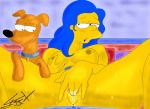  breasts fingers_in_pussy holding_breast marge_simpson masturbation nipples pussy_juice santa&#039;s_little_helper the_simpsons 
