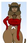  1girl 1girl 2017 anthro armwear arnachy big_breasts bottomless breasts brown_hair clothed clothing ecaflip english_text feline furry gradient_background hair high_res long_hair looking_at_viewer mammal miranda_(wakfu) pussy simple_background smile text wakfu 