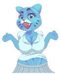  1girl 2017 4_fingers alpha_channel anthro bedroom_eyes big_breasts blue_eyes bouncing_breasts breasts cartoon_network cat cleavage clothed clothing digital_media_(artwork) eyelashes fangs feline female_only furry gif half-closed_eyes huge_breasts mammal midriff navel nicole_watterson open_mouth pixel_(artwork) pixel_art presenting presenting_breasts seductive ses_vanbrubles shirt simple_background skirt solo_female standing the_amazing_world_of_gumball transparent_background whiskers 