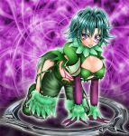  1041_(toshikazu) 1girl all_fours alluring big_breasts blade breasts cleavage green_hair jewelry looking_at_viewer purple_eyes ring soul_calibur soul_calibur_iii soulcalibur_iii tira tira_(soulcalibur) weapon 