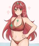 1girl alluring big_breasts cleavage cropped_legs gem green_gemstone headpiece high_res long_hair looking_at_viewer mythra navel nintendo purrlucii red_hair simple_background standing standing_on_liquid swimsuit tiara v-shaped_eyebrows white_background xenoblade_(series) xenoblade_chronicles_2 yellow_eyes
