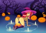  1_girl 1girl all_fours ass boots breasts candles equestria_girls female female_only fishnet fishnet_clothes friendship_is_magic glamourpink halloween hat heeled_boots high_heel_boots jack-o&#039;-lantern long_hair looking_at_viewer mostly_nude my_little_pony on_all_fours outdoor outside pentagram pumpkin solo sunset_shimmer sunset_shimmer_(eg) two-tone_hair 