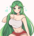  1girl 1girl alluring alternate_costume bare_arms bare_shoulders big_breasts blush camisole cleavage commentary crop_top green_eyes green_hair grey_background heart high_res kid_icarus long_hair looking_at_viewer midriff navel nintendo palutena purrlucii red_shorts short_shorts shorts simple_background spaghetti_strap stomach strap_slip very_long_hair 