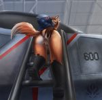 1girl aircraft anthro anus ass boots bottomless canine cheek_tuft clothed clothing footwear fox fur furry green_eyes hair hand_on_butt inner_ear_fluff inside jadedragoness ladder looking_at_viewer looking_back looking_down low-angle_view mammal original partially_clothed presenting presenting_hindquarters pussy red_fox smile tuft worm&#039;s-eye_view