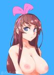 1girl a.i._channel alluring big_breasts blue_eyes bow breasts brown_hair hair_bow hair_ornament hair_ribbon hairband high_resolution huge_breasts jourjii kizuna_ai long_hair looking_at_viewer multicolored_hair nipples pink_bow pink_nipples ribbon self_upload standing streaked_hair twitter twitter_username upper_body virtual_youtuber youtuber