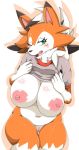  1girl 1girl 2017 anthro big_breasts blush bottomless breasts canine clothed clothing dusk_lycanroc fur furry green_eyes looking_away lycanroc mammal mellonsoda nintendo nude open_mouth orange_fur pok&eacute;mon pok&eacute;mon_(species) pussy shirt t-shirt video_games white_fur 