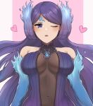 1girl alluring bare_shoulders brighid brighid_(xenoblade) cleavage covered_navel heart high_res long_hair medium_breasts navel nintendo one_eye_closed purple_eyes purple_hair purrlucii swept_bangs upper_body xenoblade_(series) xenoblade_chronicles_2