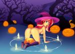 1_girl 1girl all_fours ass boots breasts candles equestria_girls female female_only friendship_is_magic glamourpink halloween hat heeled_boots high_heel_boots jack-o&#039;-lantern long_hair looking_at_viewer my_little_pony nude on_all_fours outdoor outside pentagram pumpkin pussy solo sunset_shimmer sunset_shimmer_(eg) two-tone_hair 